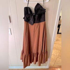 Anthropologie Hutch 18W Bow-Tie Maxi Dress Black Motif Bronze Tier Strapless
